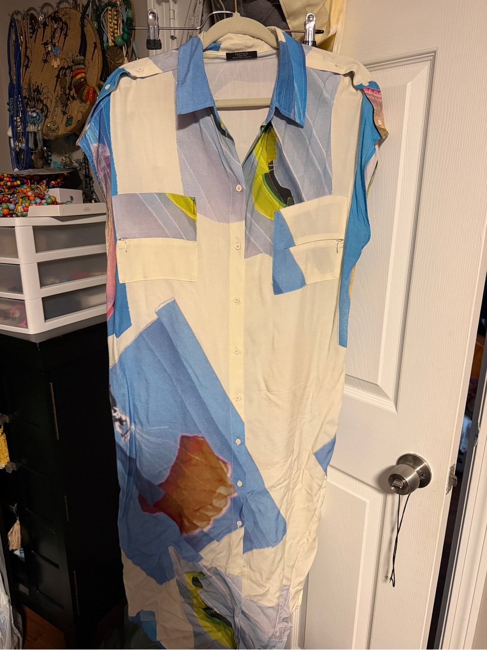 Sleeveless Abstract Print Shirt Dress - Blue & Cream